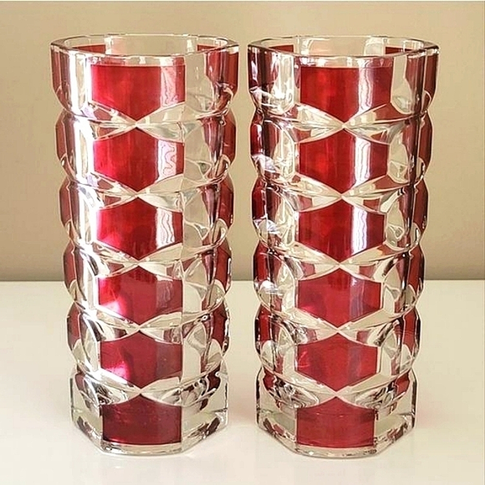 𝅺Vintage Vases Red Geometric Luminarc France by J.G. Durand SET OF 2 #0306
